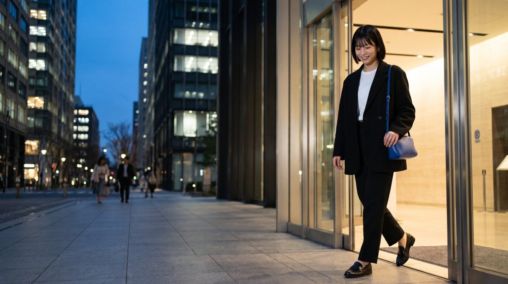 夕暮れの丸の内で、打ち合わせを終えてオフィスビルから歩き出す女性
