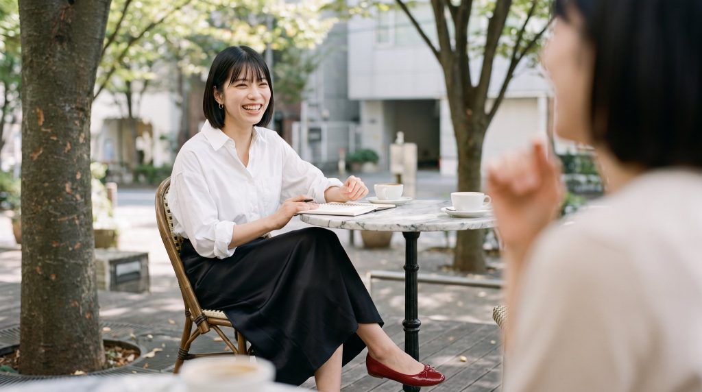 代官山のカフェテラスで、友人の話に笑う女性